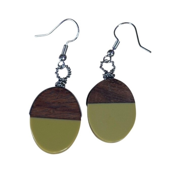 Wood And Olive Green Resin Oval Drop Earrings Silver Tone Fishhook Dangles